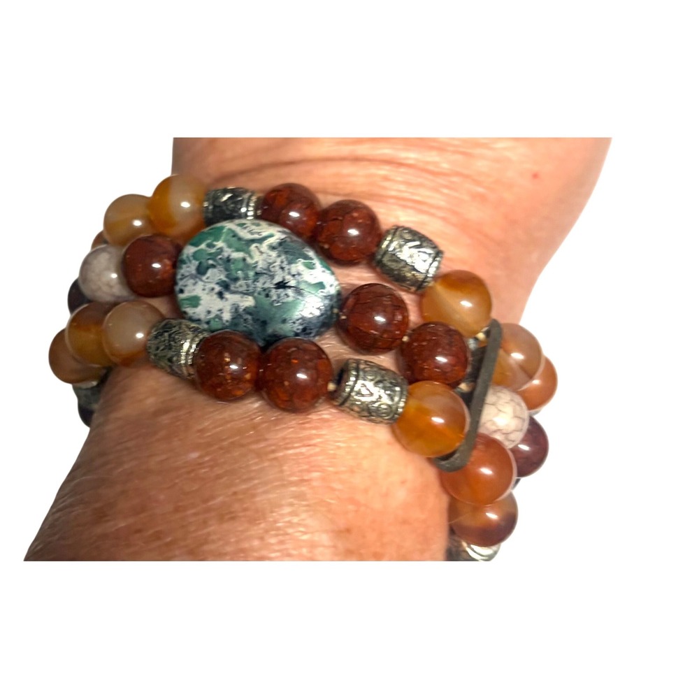 Boho Three Strand Natural Stone Stretch‎ Bracelet Carnelian Jasper Agate Earthy